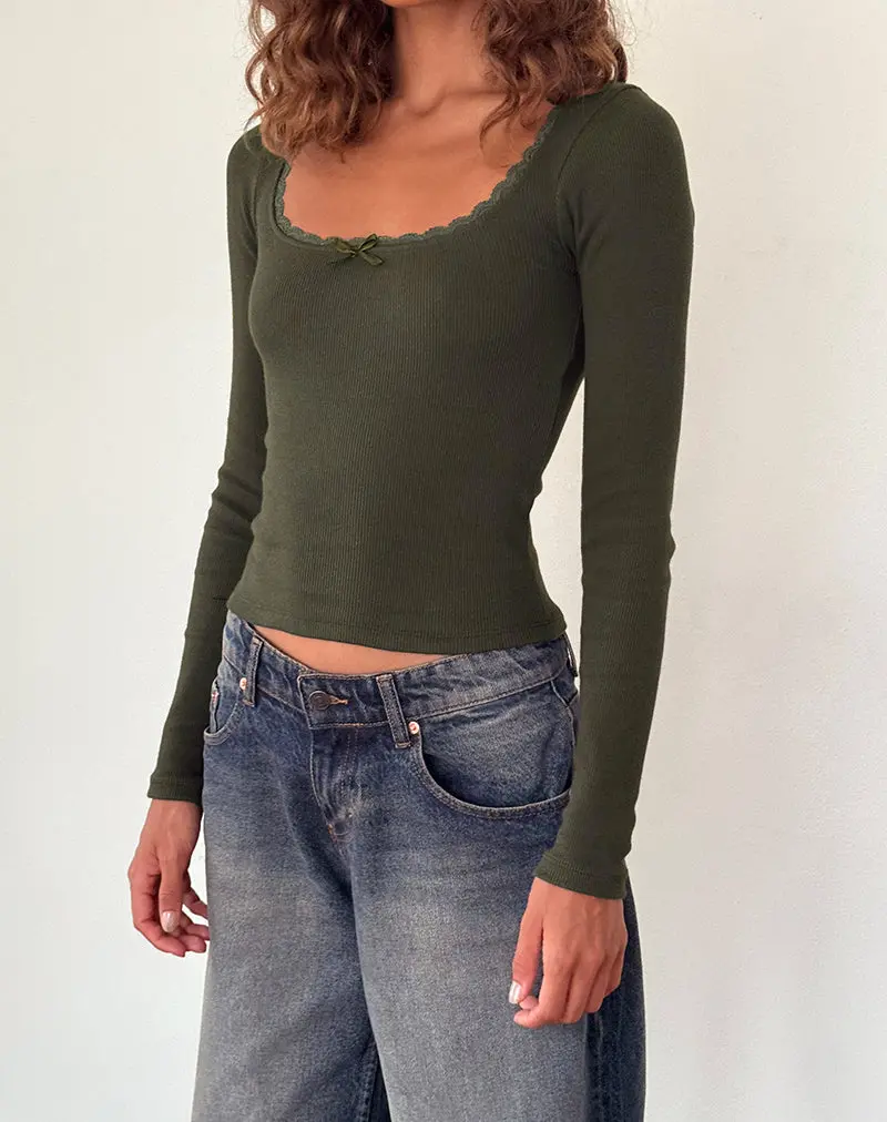 Bovita Long Sleeve Ribbed Top In Olive 1