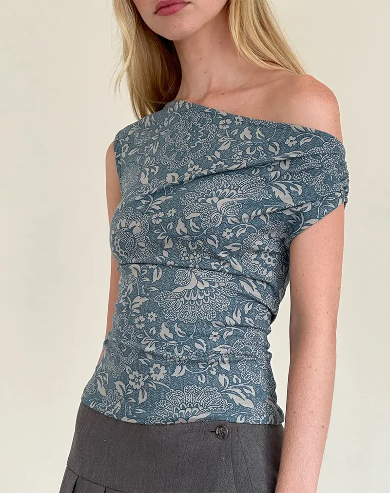 Calypso Top In Blue Ornate Print Lycra 1