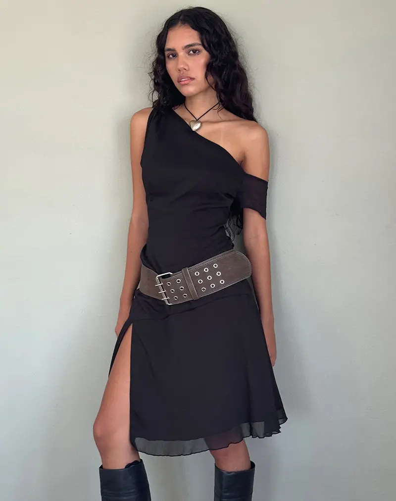 Carissa One Shoulder Chiffon Midi Dress In Black 1