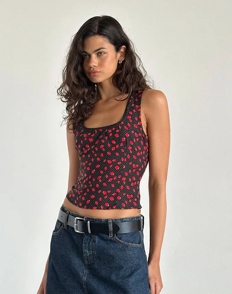 Carys Vest Top In Strawberry Polka Black 1