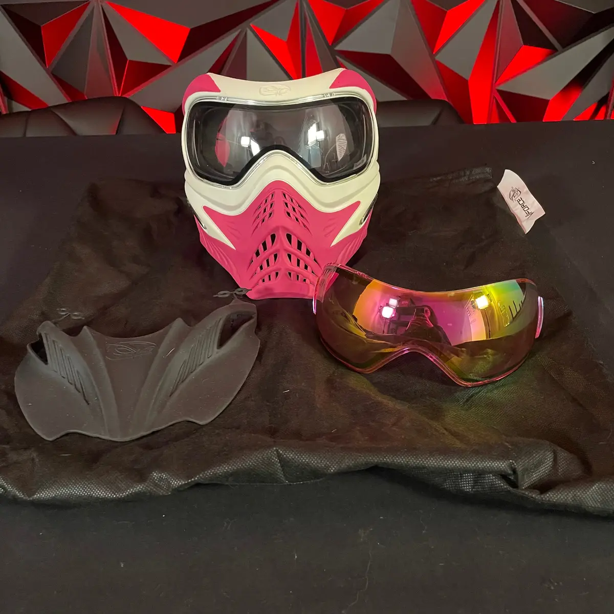 Used V-Force Grill Paintball Mask - White/Pink W/ Extra Mirrored Lens And Soft Goggle Bag 1