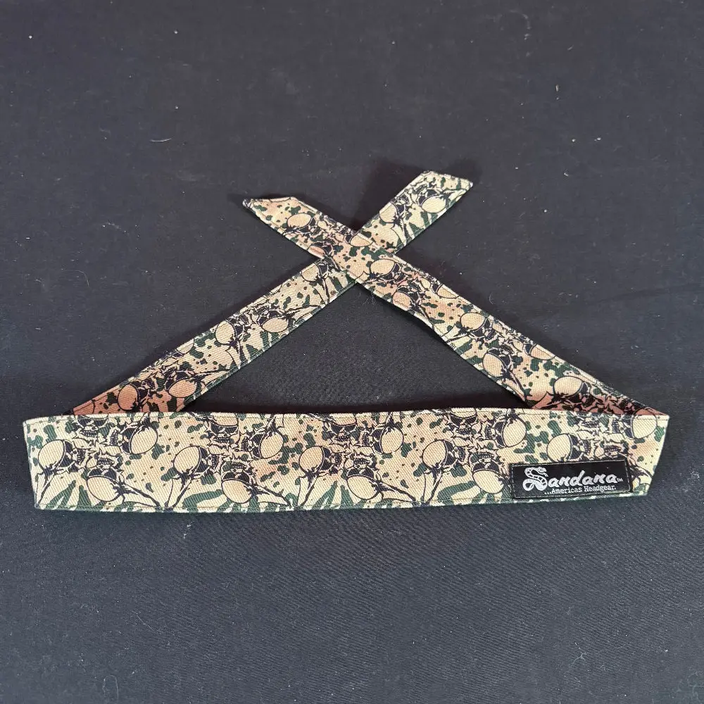*Display* Sandana Headband - Tan / Green W/ Black Skulls 1