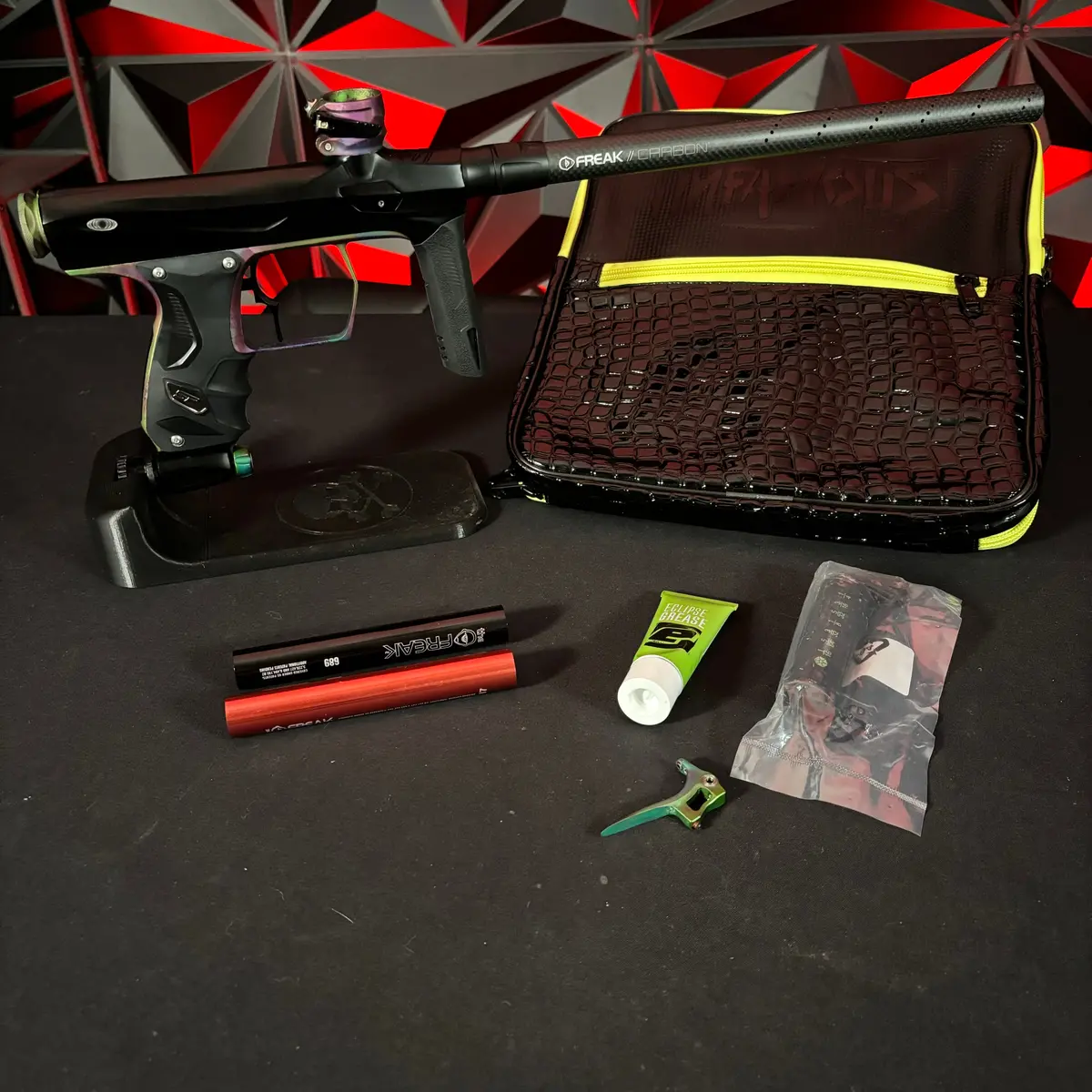 Used Shocker Amp Paintball Gun - Black W/Hypno Trigger Frame And Matching Stock Trigger W/Infamous Deuce Trigger 1