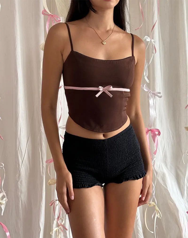 Ceisya Corset Top In Bitter Chocolate With Pink Bow 1