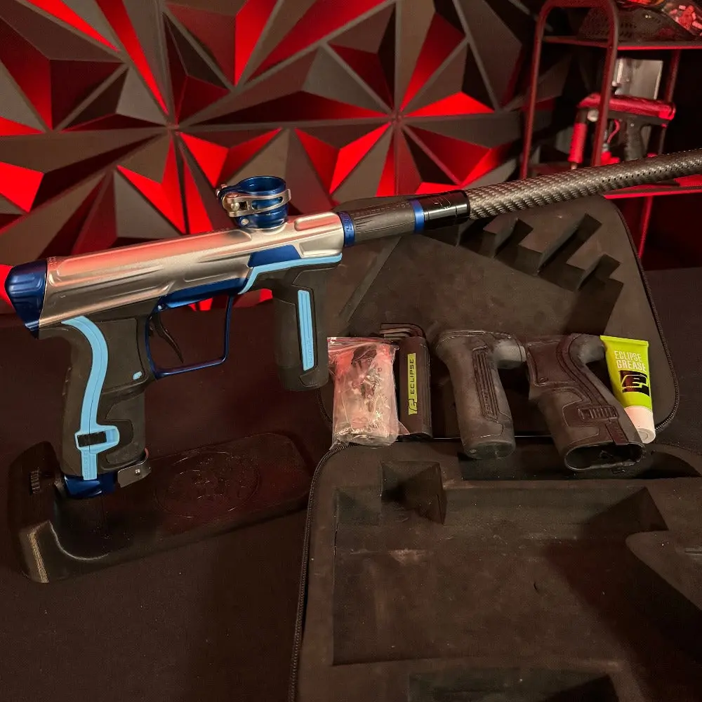 Used Planet Eclipse Cs2 Paintball Gun - Silver/Blue W/Carbon Fiber Fl Barrel, Scythe Trigger, Extra Set Of Grip 1