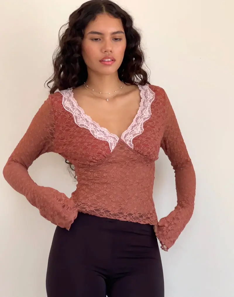 Chantal Long Sleeve Lace Top In Withered Rose 1