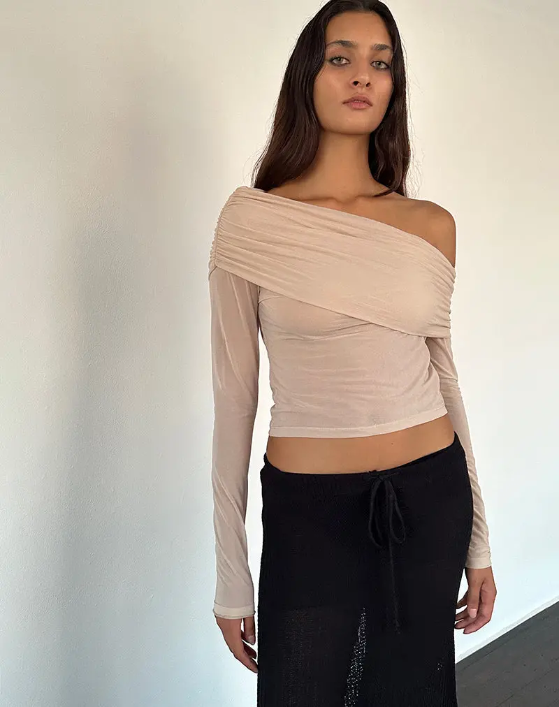Chidi Sheer Mesh Bardot Top In Camel 1