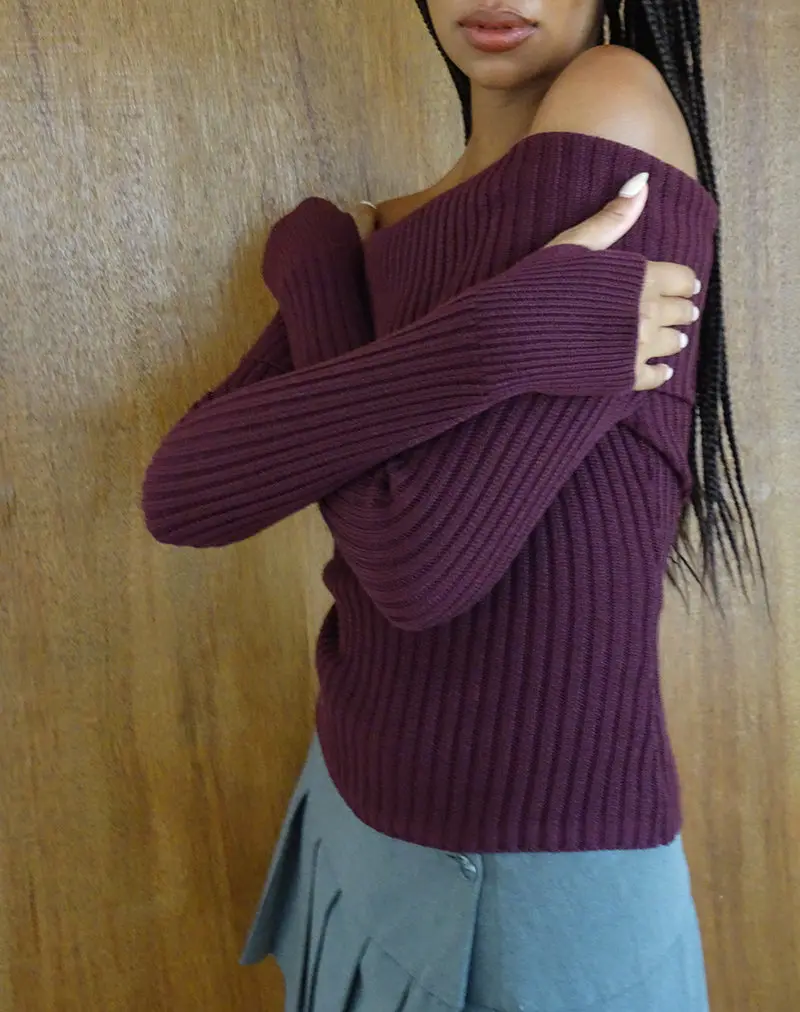 Circe Knitted Bardot Jumper In Burgundy 1