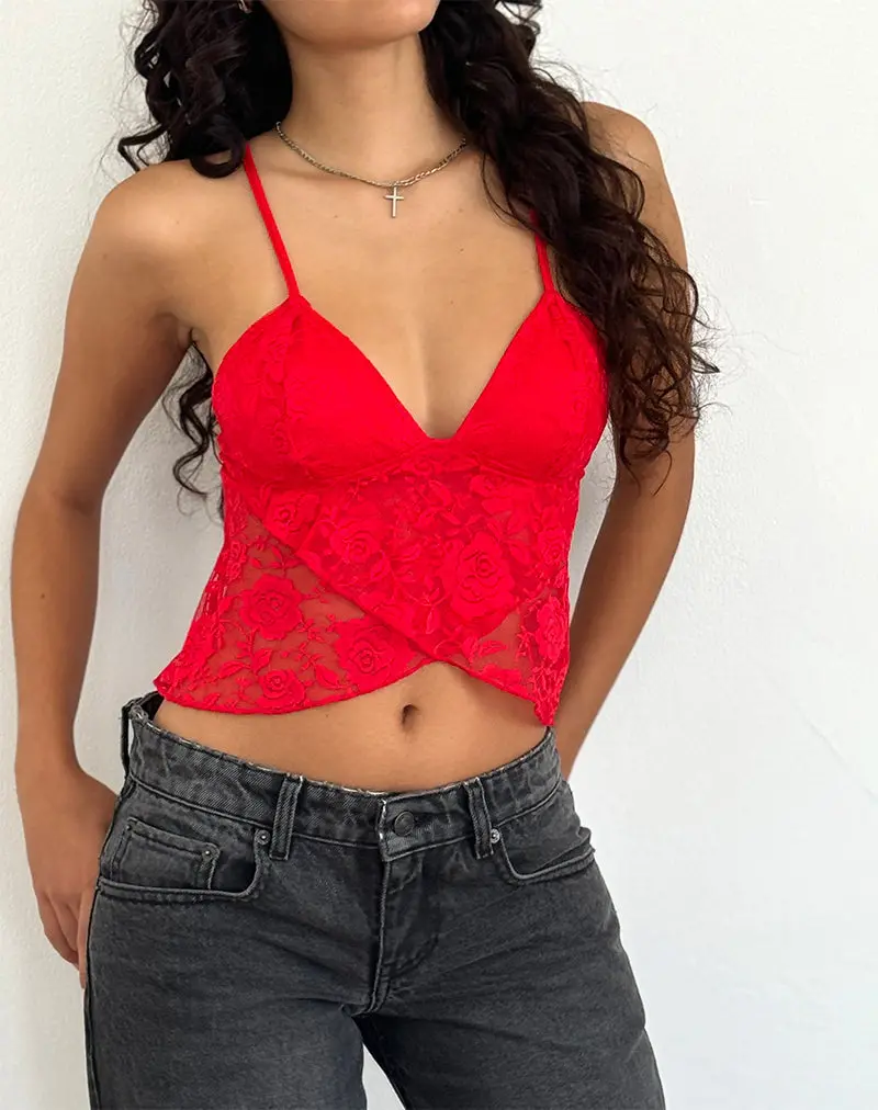 Cojira Lace Butterfly Top In Big Rose Red 1