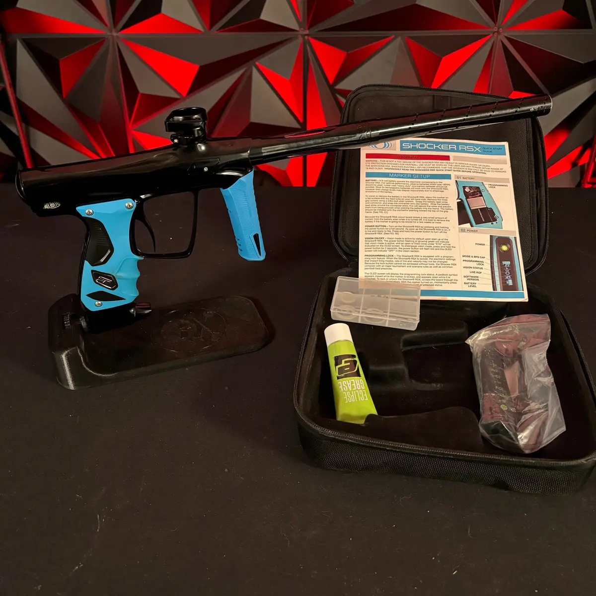 Used Shocker Rsx Paintball Gun- Dust Black W/Blue Grip Kit 1