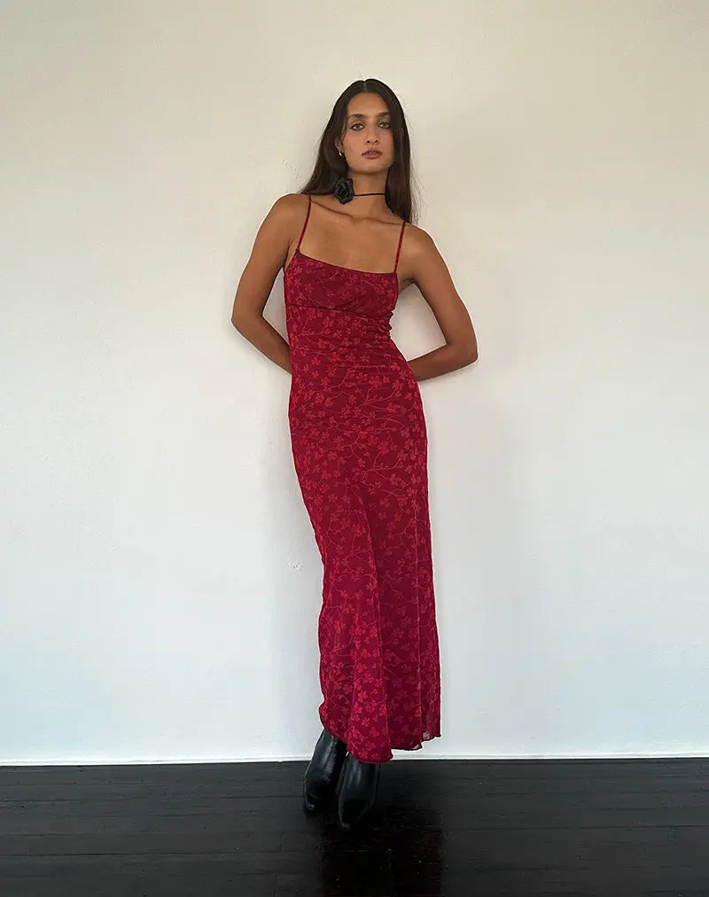 Darsih Cami Maxi Dress Red Grunge Floral Flock 1