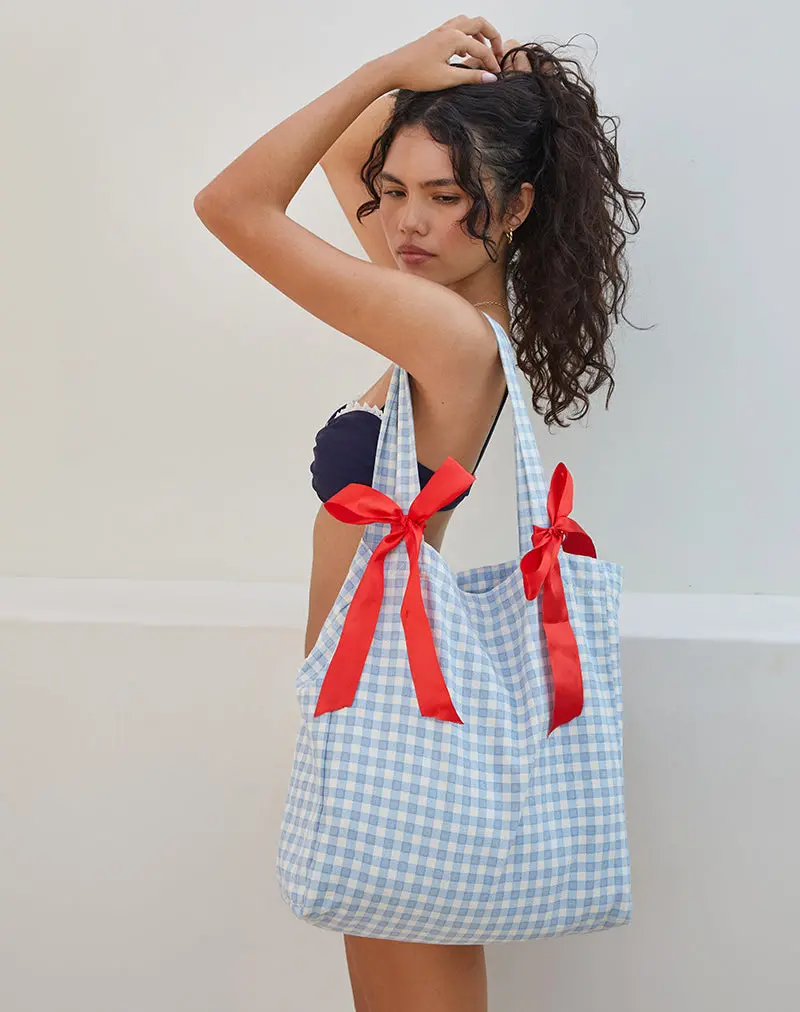 Barbara Tote Bag In Blue Gingham With Red Bow 1