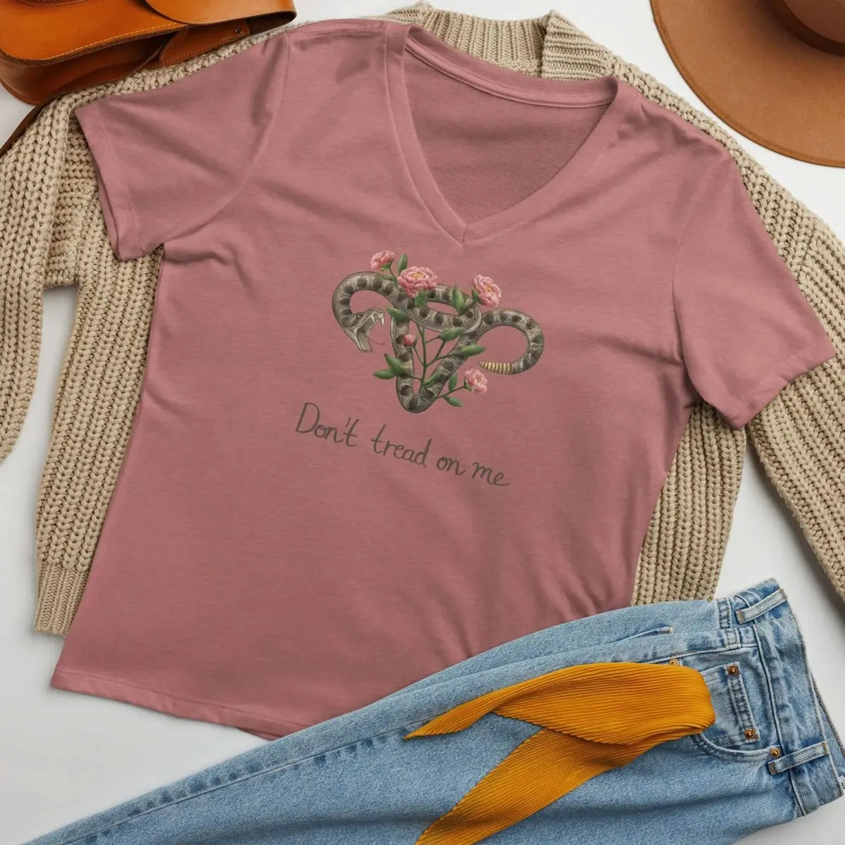 Bold Feminist V-Neck T-Shirt Featuring 'Don't Tread on Me' Uterus Design with Delicate Floral Accents - Image 5