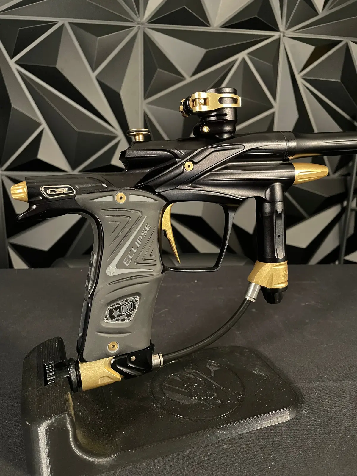 Used Planet Eclipse Csl Paintball Gun - Black/Gold W/14" & 16" Matching Carbon Fiber Tips, Blade And Scythe Trigger, & All 3 Barrel Backs 1