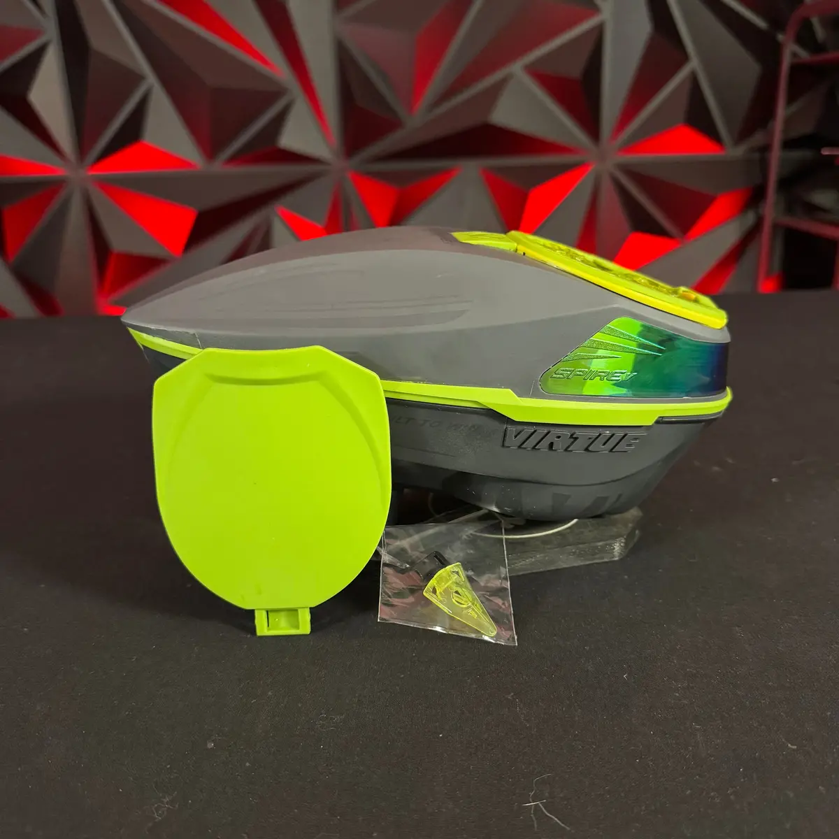 Used Virtue Spire 5 Paintball Loader - Grey W/Lime Accents, Speedfeed, & Rainlid 1
