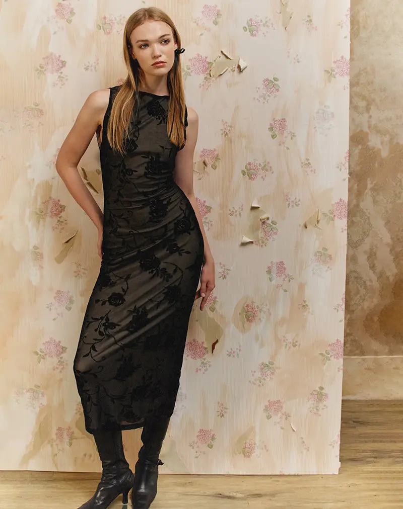 Estoria Midi Dress Black Rose Flock 1