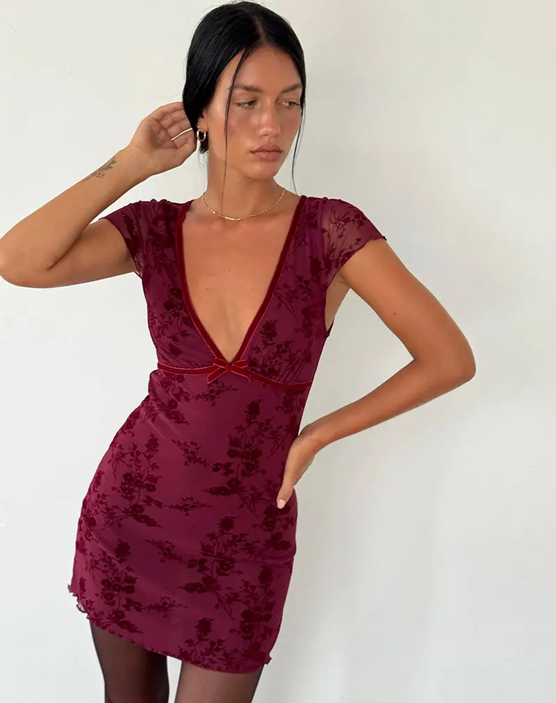 Evilia Dress In Botanical Flower Maroon 1