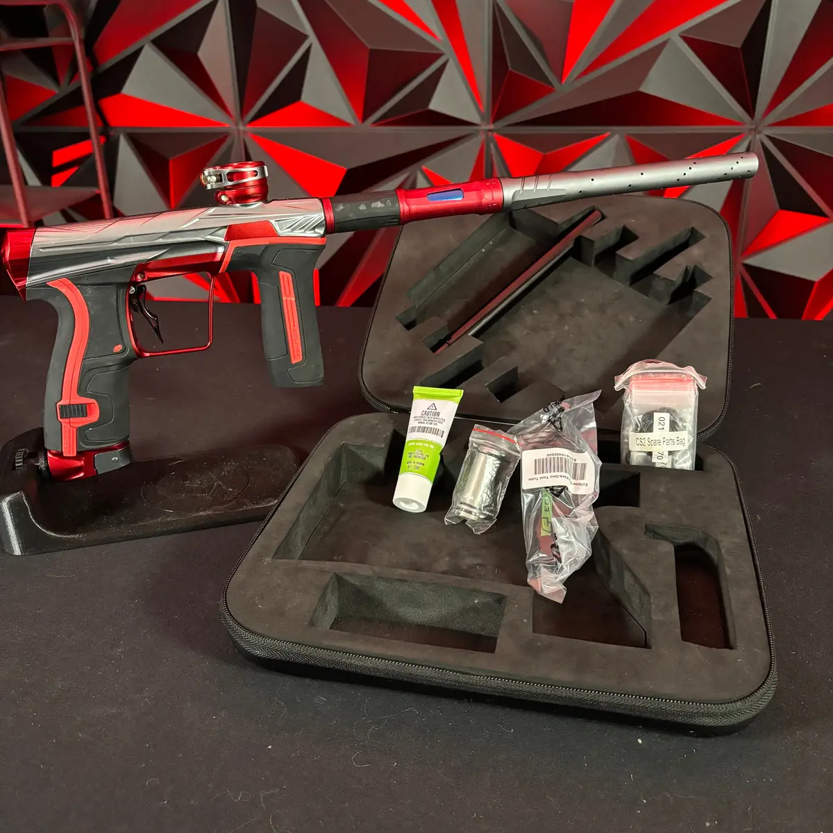 Used Planet Eclipse/Hk Army Cs2 Invader Paintball Gun - Gunmetal/Red W/ S63 Barrel System, Infamous Deuce Trigger, And Black/Red Grip Kit 1