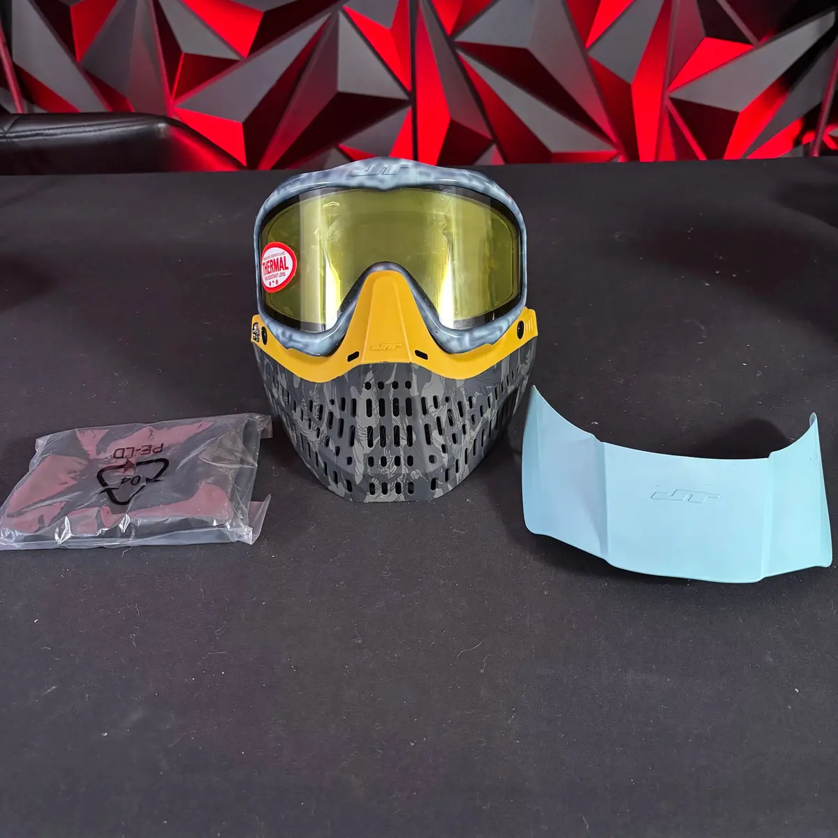 Used Jt Proflex Paintball Mask - Custom #22 Light Blue Tie Dye Frame /W Tiger Stripe To Yellow Bottoms And Grey Ears *Custom* 1
