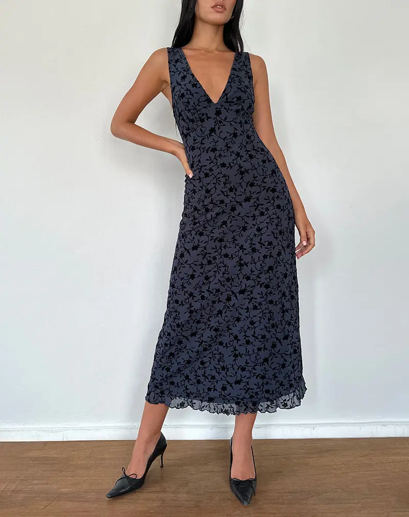 Gabriela Midi Dress In Flocked Petal Navy 1