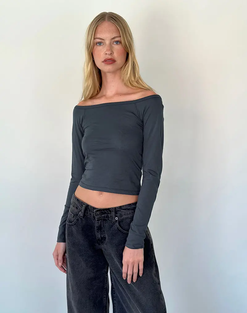 Gavya Long Sleeve Bardot Top In Ocean Storm Jersey 1