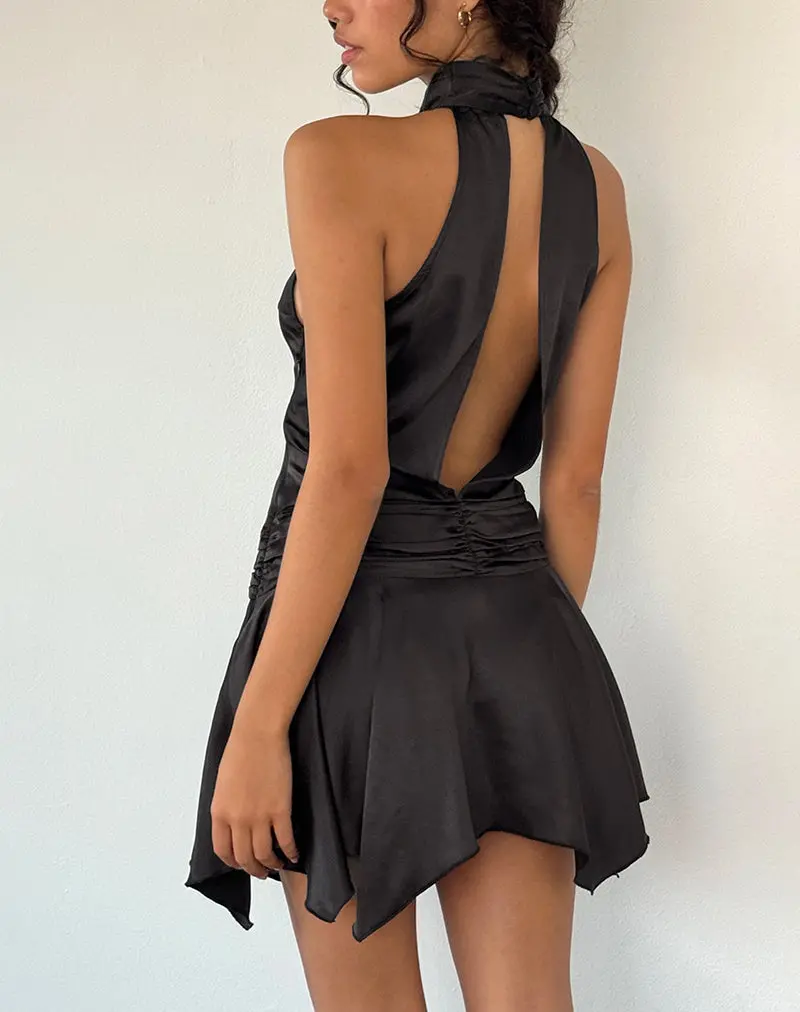 Hydri Satin Halterneck Mini Dress In Black 1