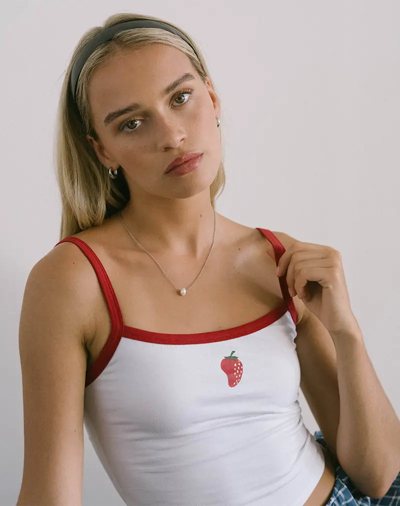 Icah Vest Top In White With Red Binding And Strawberry 1