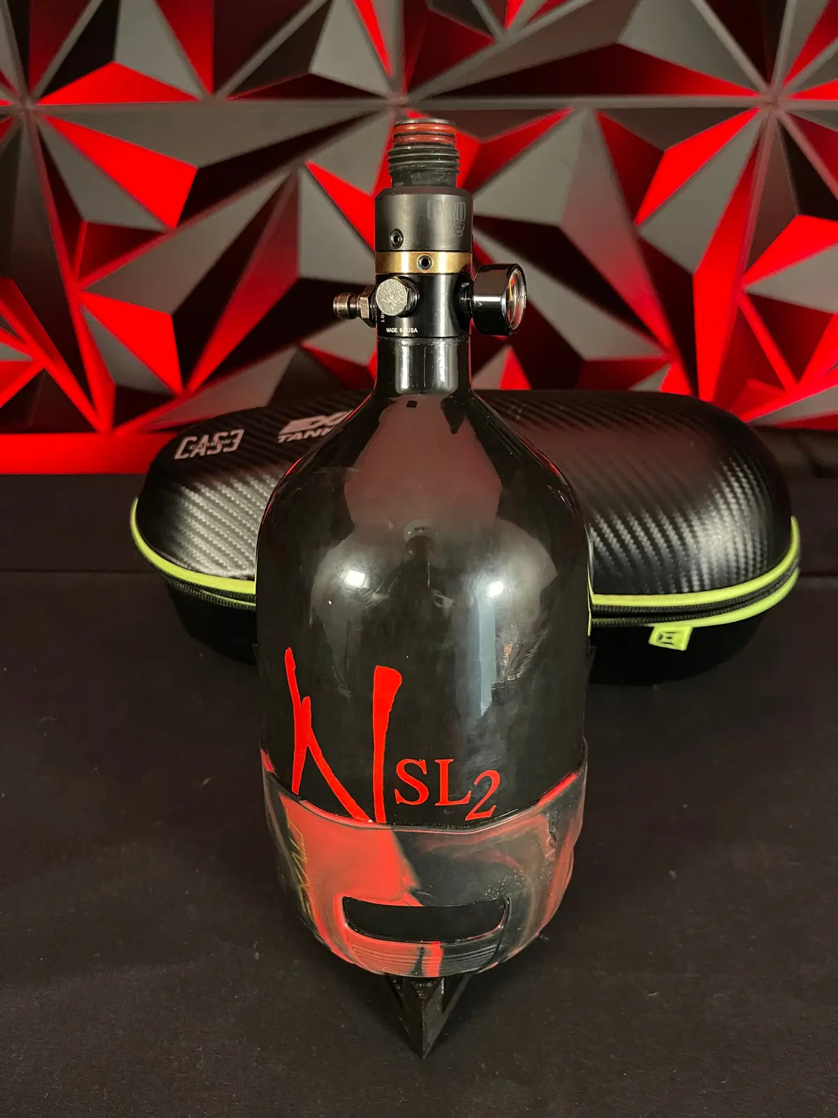 Used Ninja Sl2 68/4500 Paintball Tank W/ Prov2 - Black W/ Red & Exalt Case 1