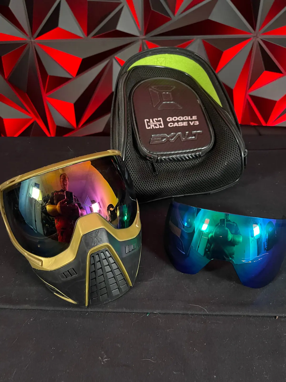 Used Hk Army Klr Paintball Mask - Black/Gold W/ 2 Lenses And Exalt V3 Goggle Case 1
