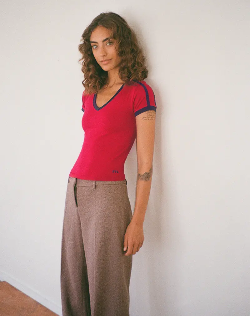 Izolde Baby Tee In Adrenalin Red With Navy Binding And M Embroidery 1
