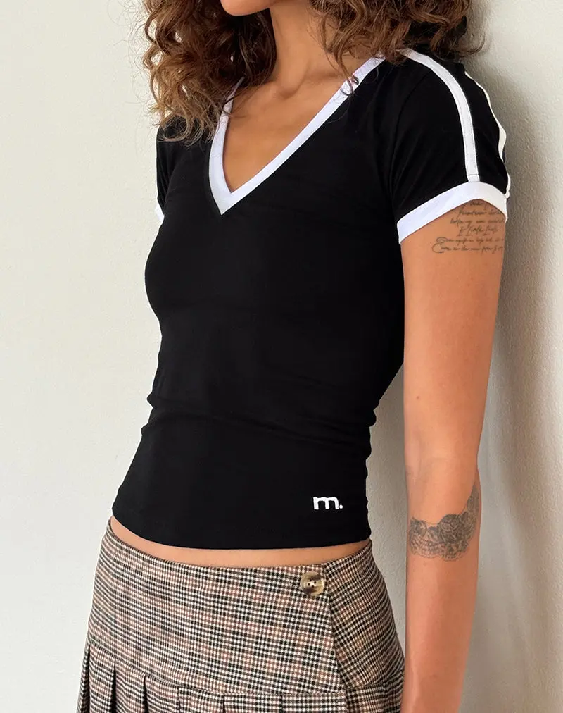 Izolde Baby Tee In Black With White Binding And M Embroidery 1