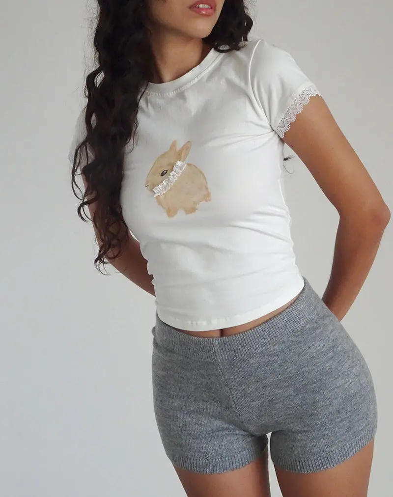 Izzy Baby Tee In Off White With Rabbit Print 1