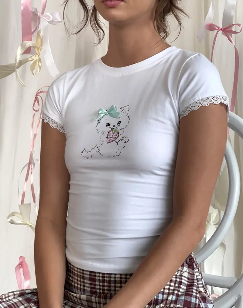 Izzy Tee In White With Strawberry Cat Print 1