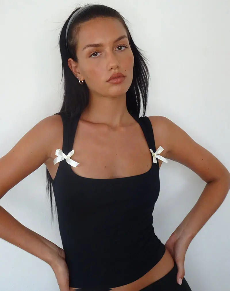 Jiniso Crop Top In Black With Ivory Bows 1