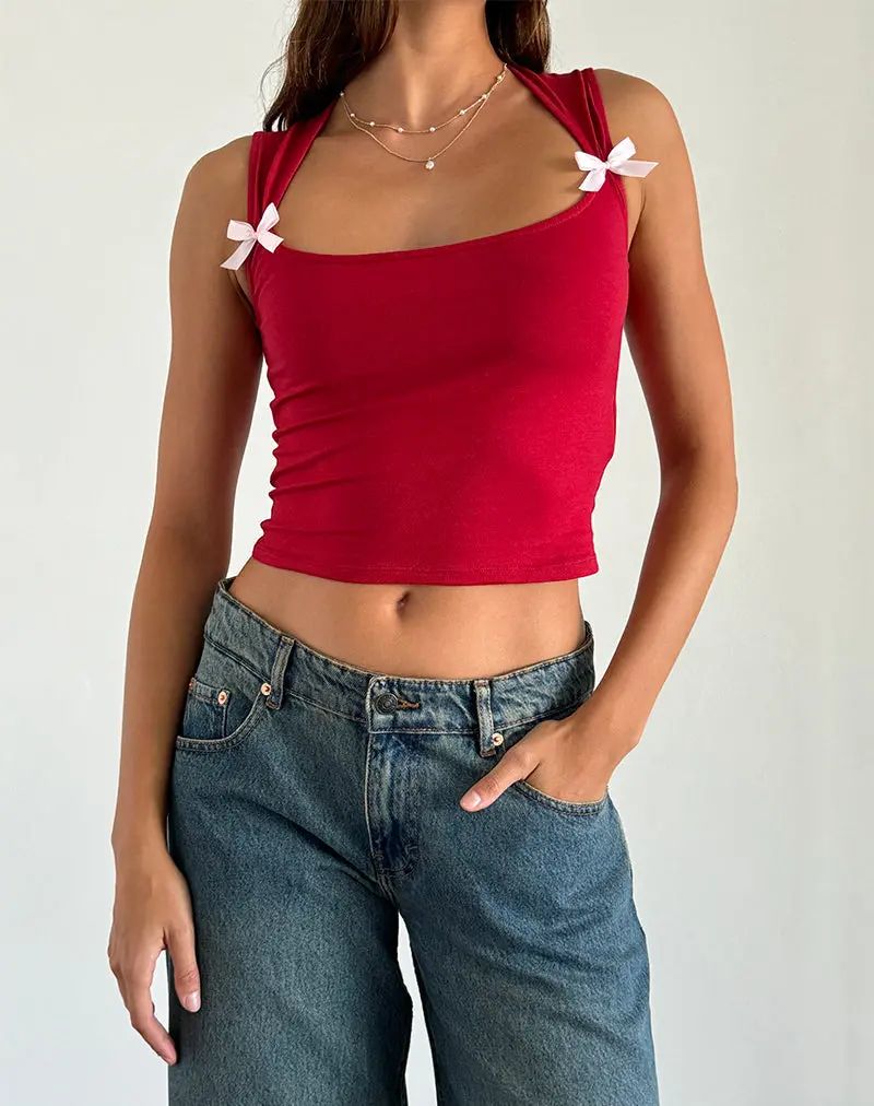 Jiniso Crop Top In Adrenaline Red With Pink Bows 1