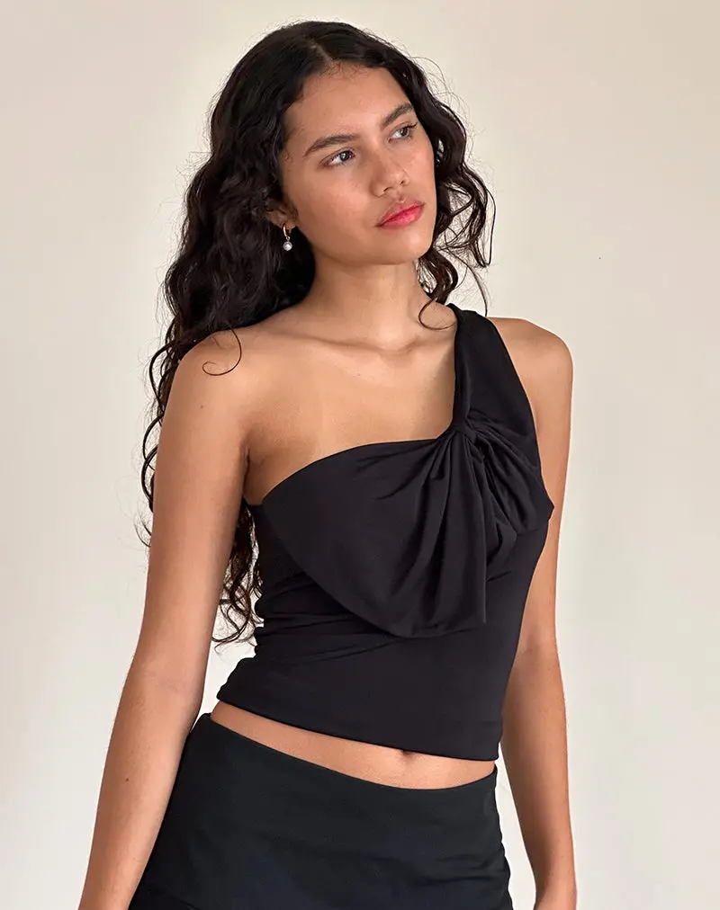 Jovie One Shoulder Slinky Bow Top In Black 1