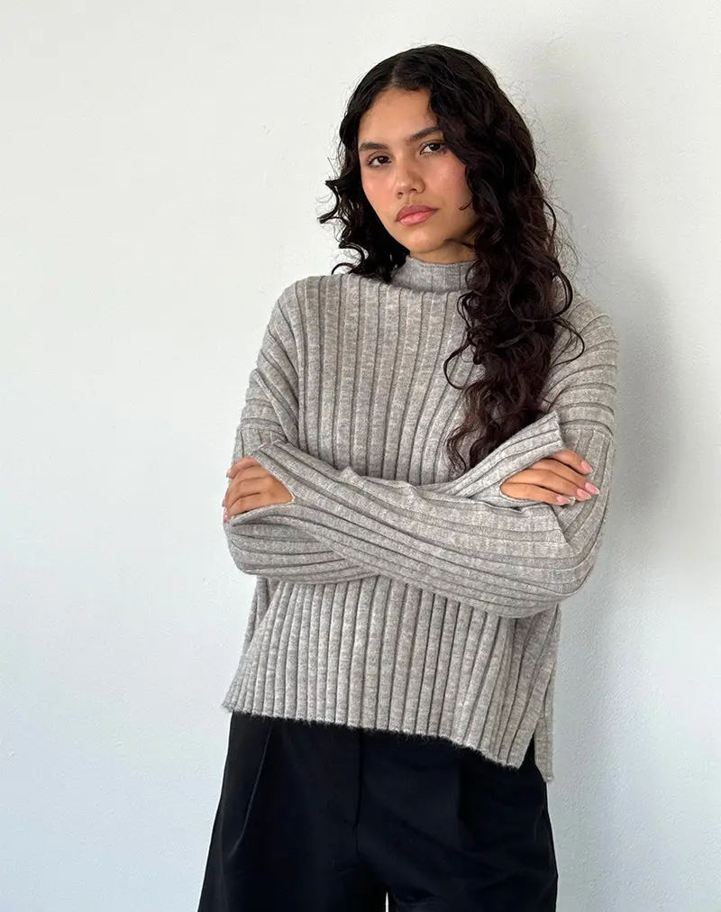 Judah Oversized Chunky Rib Knit Jumper In Light Grey 1