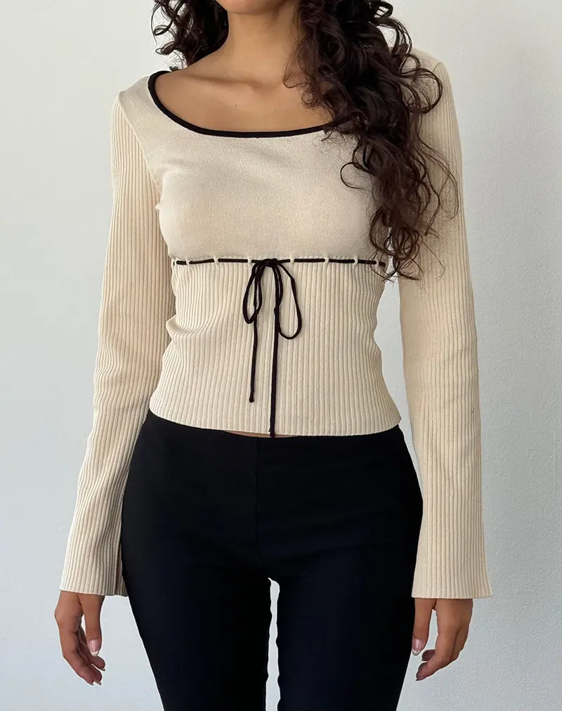Juhye Knitted Long Sleeve Top In Beige With Black Binding 1