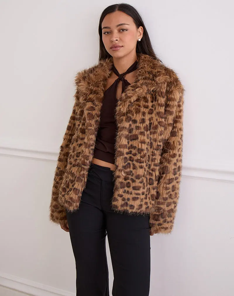 Joji Crop Faux Fur Jacket In Brown Leopard 1