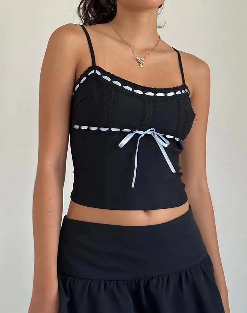 Karda Cami Top In Black With Contrast Ribbon 1