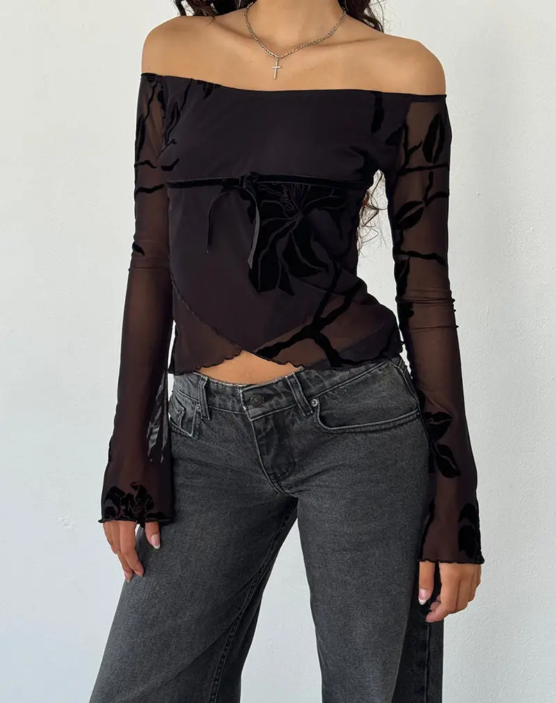 Kareena Long Sleeve Bardot Top In Orchid Flock Black 1