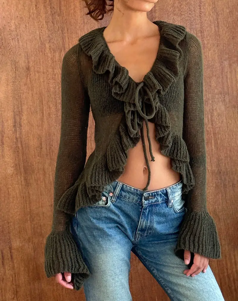 Kendra Ruffle Cardi In Khaki 1