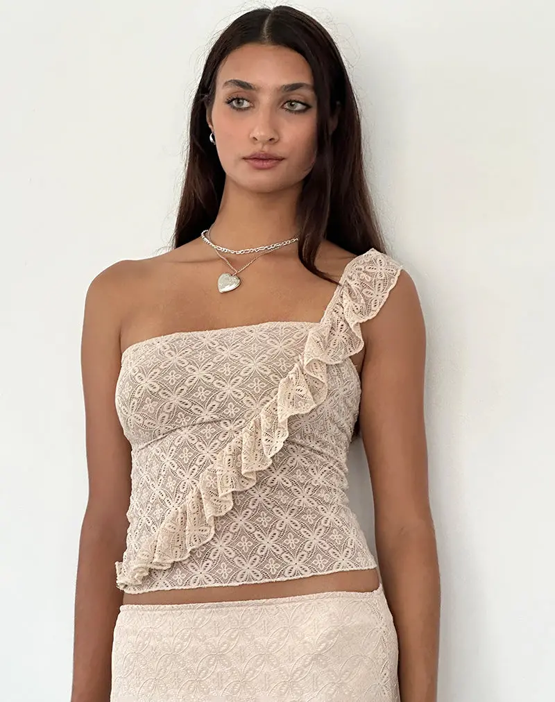 Kezia Bandeau Frill Top In Textured Nude Lace 1
