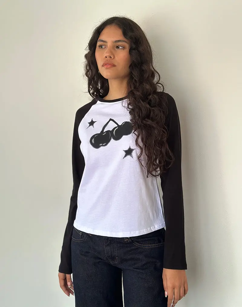 Kyiato Top In White And Black Cherry Print 1