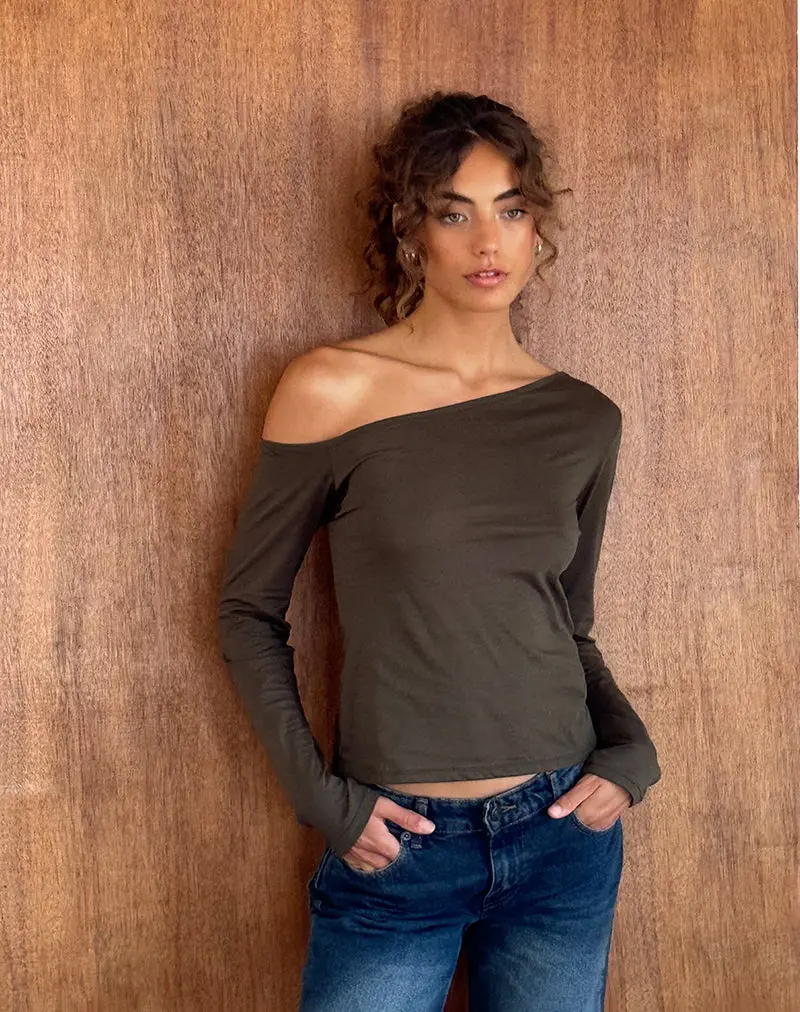 Ledez Asymmetrical Slouchy Top In Olive Tissue Jersey 1
