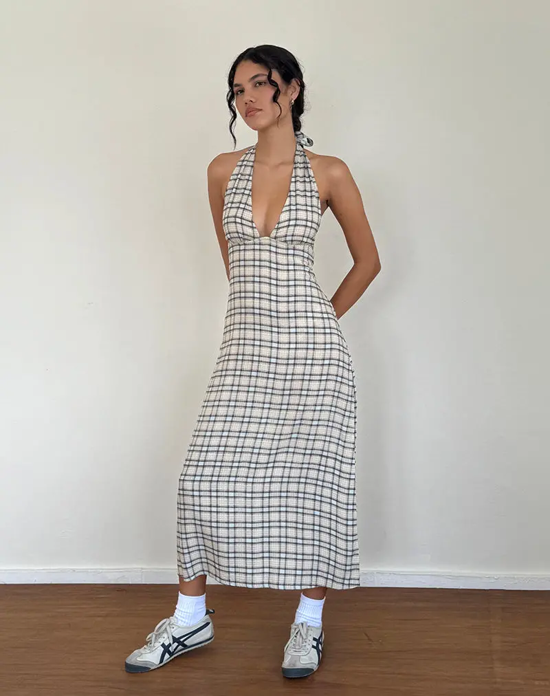 Lenata Halterneck Midi Dress In Pastel Blue Tartan 1