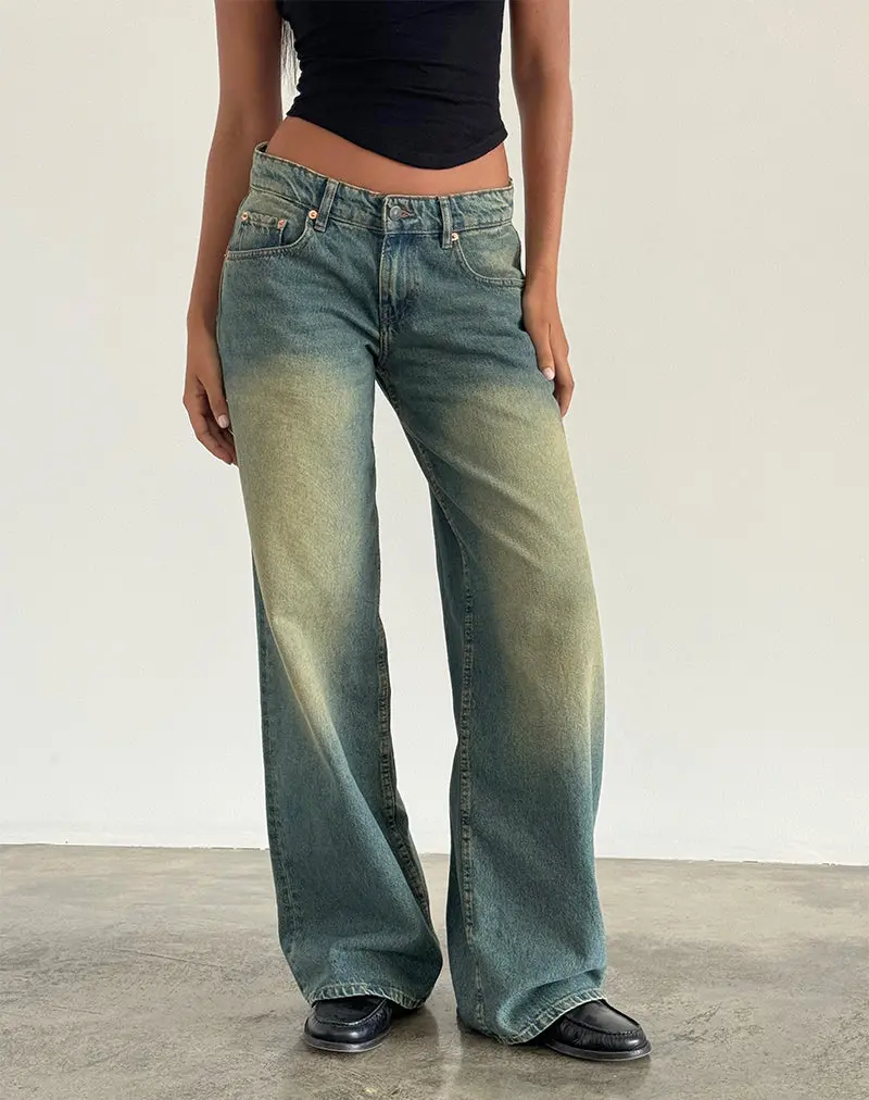 Roomy Extra Wide Low Rise Jeans In Mid Used Green 1