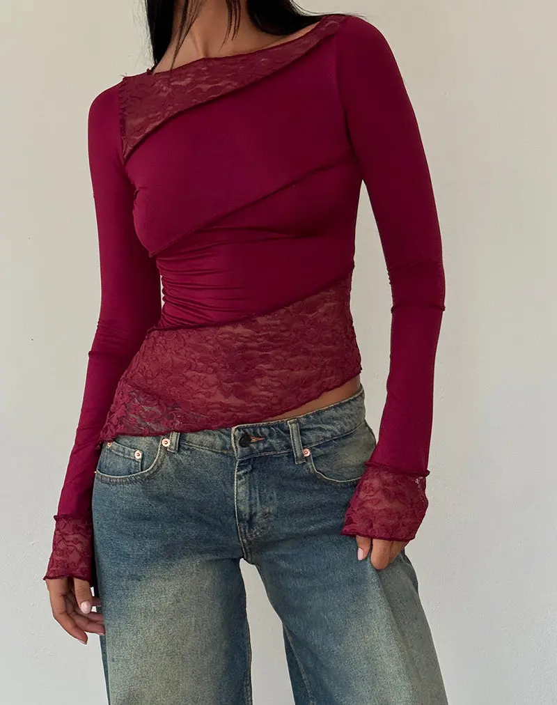 Lucca Long Sleeve Top In Burgundy 1
