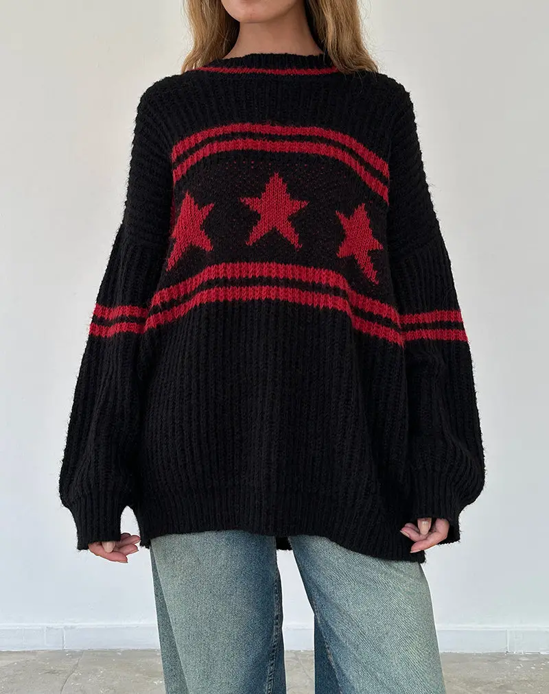 Lulees Oversized Jumper In Black With Red Star And Stripes 1
