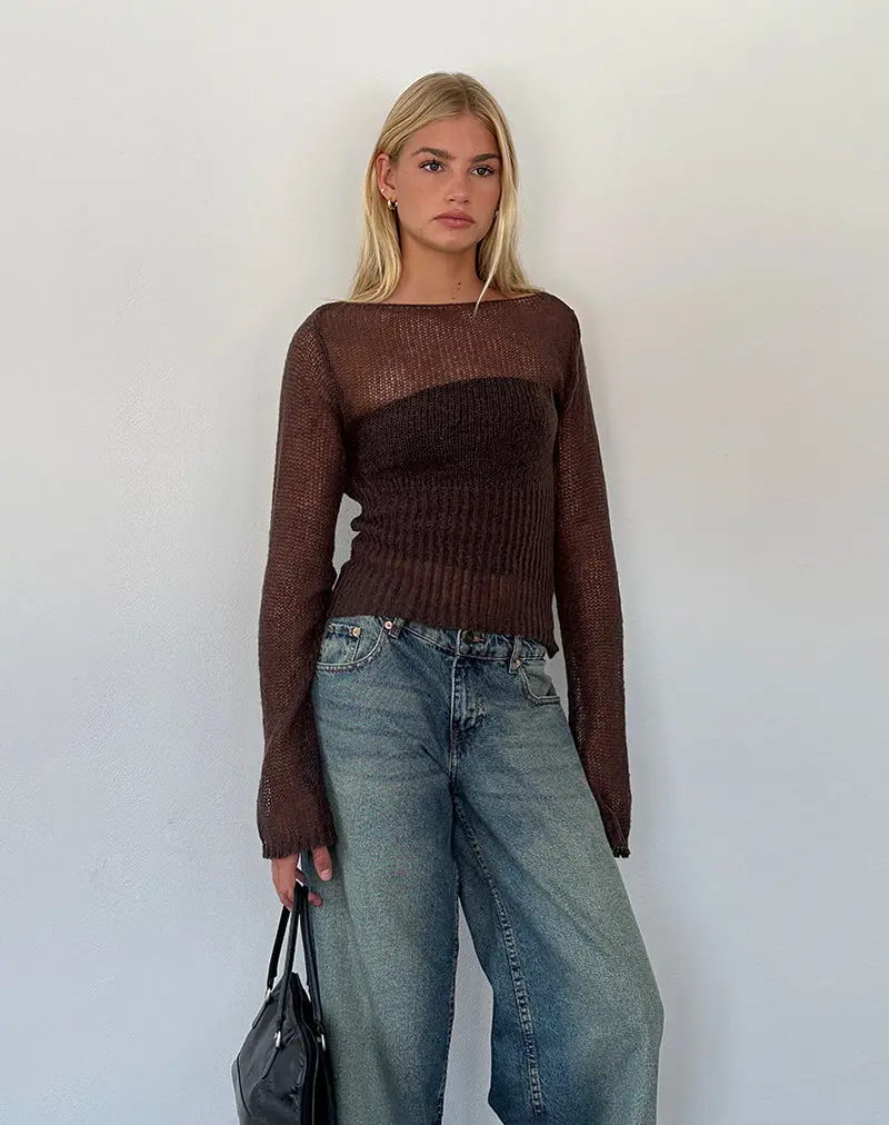 Manon Long Sleeve Sheer Knit Top In Chocolate Brown 1